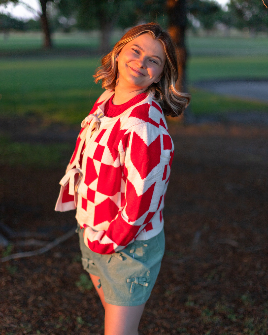 Printed Bow Cardigan in Red