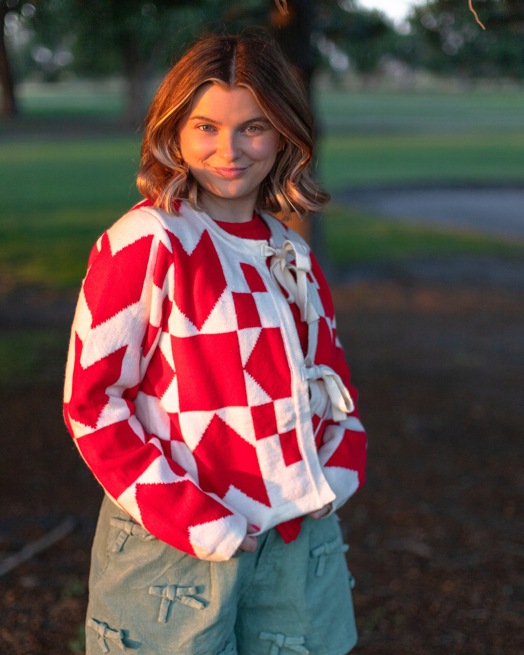 Printed Bow Cardigan in Red