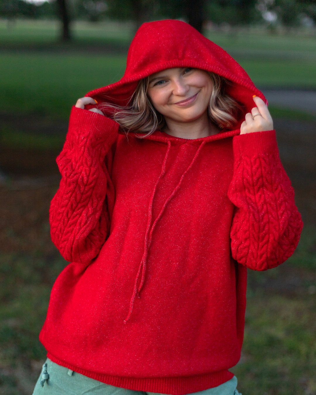 Knit Pullover Hoodie in Red