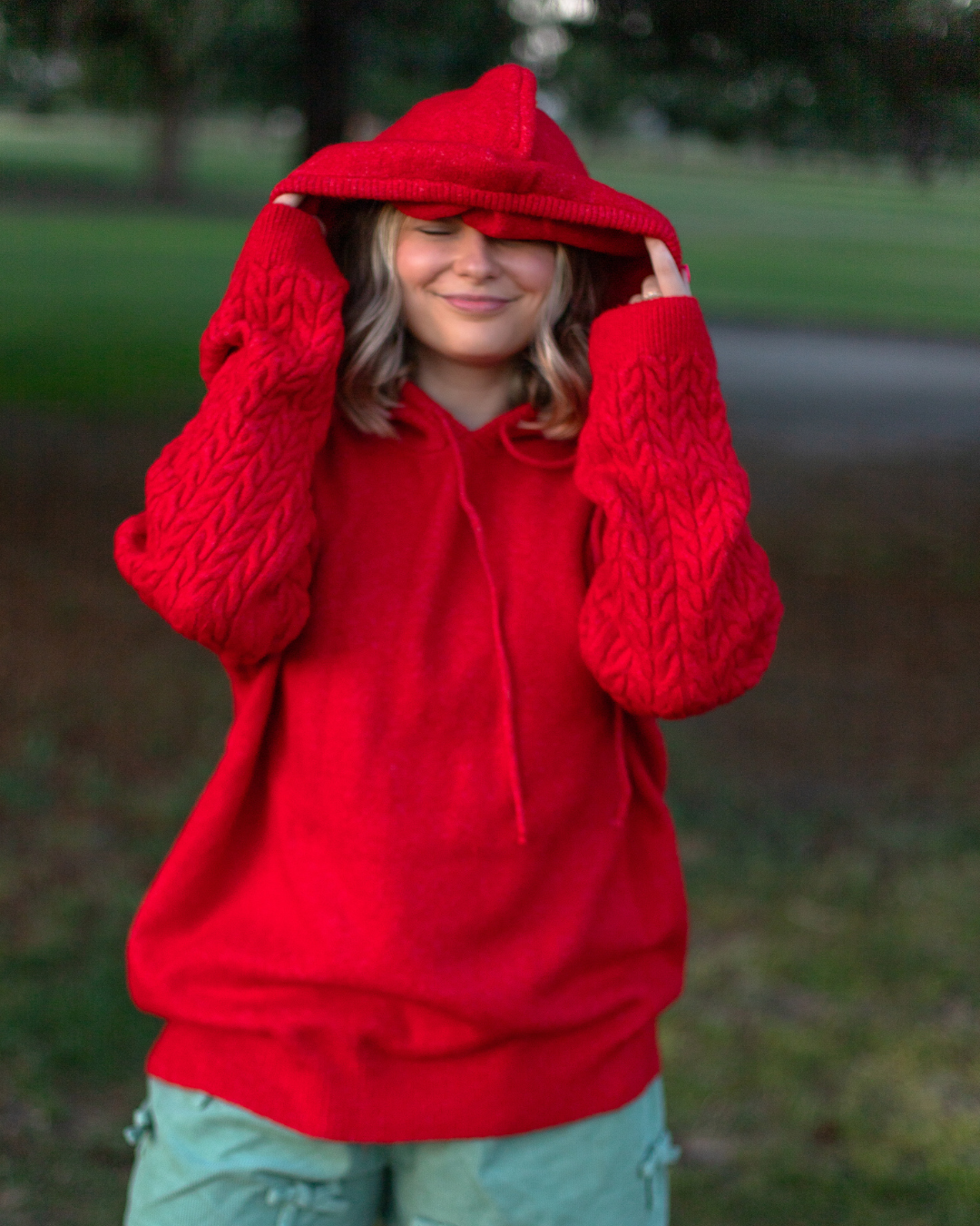 Knit Pullover Hoodie in Red