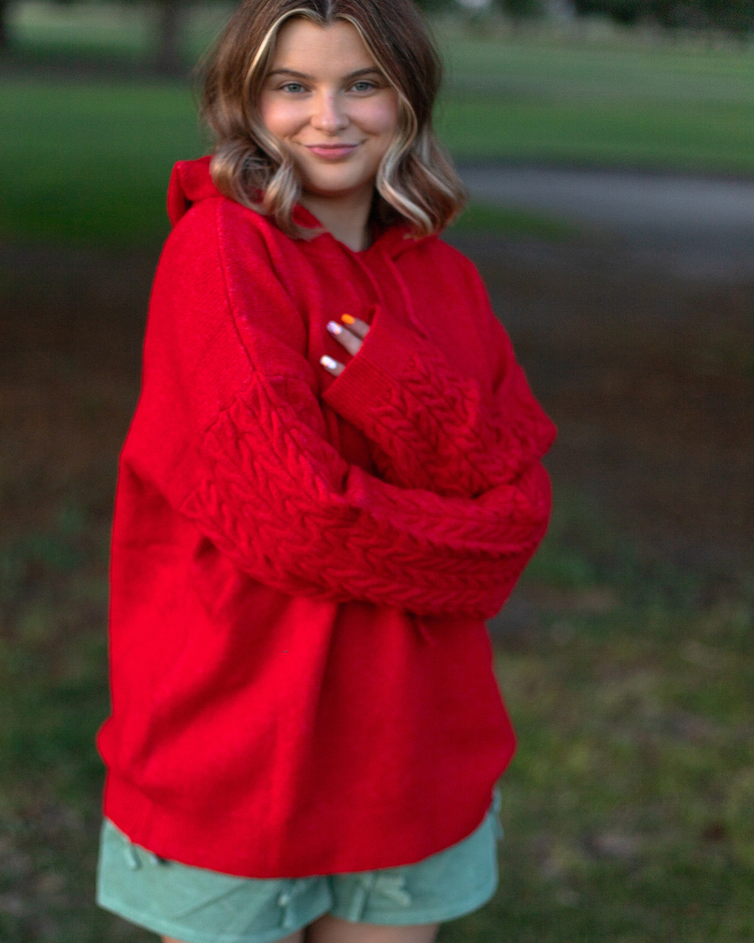 Knit Pullover Hoodie in Red