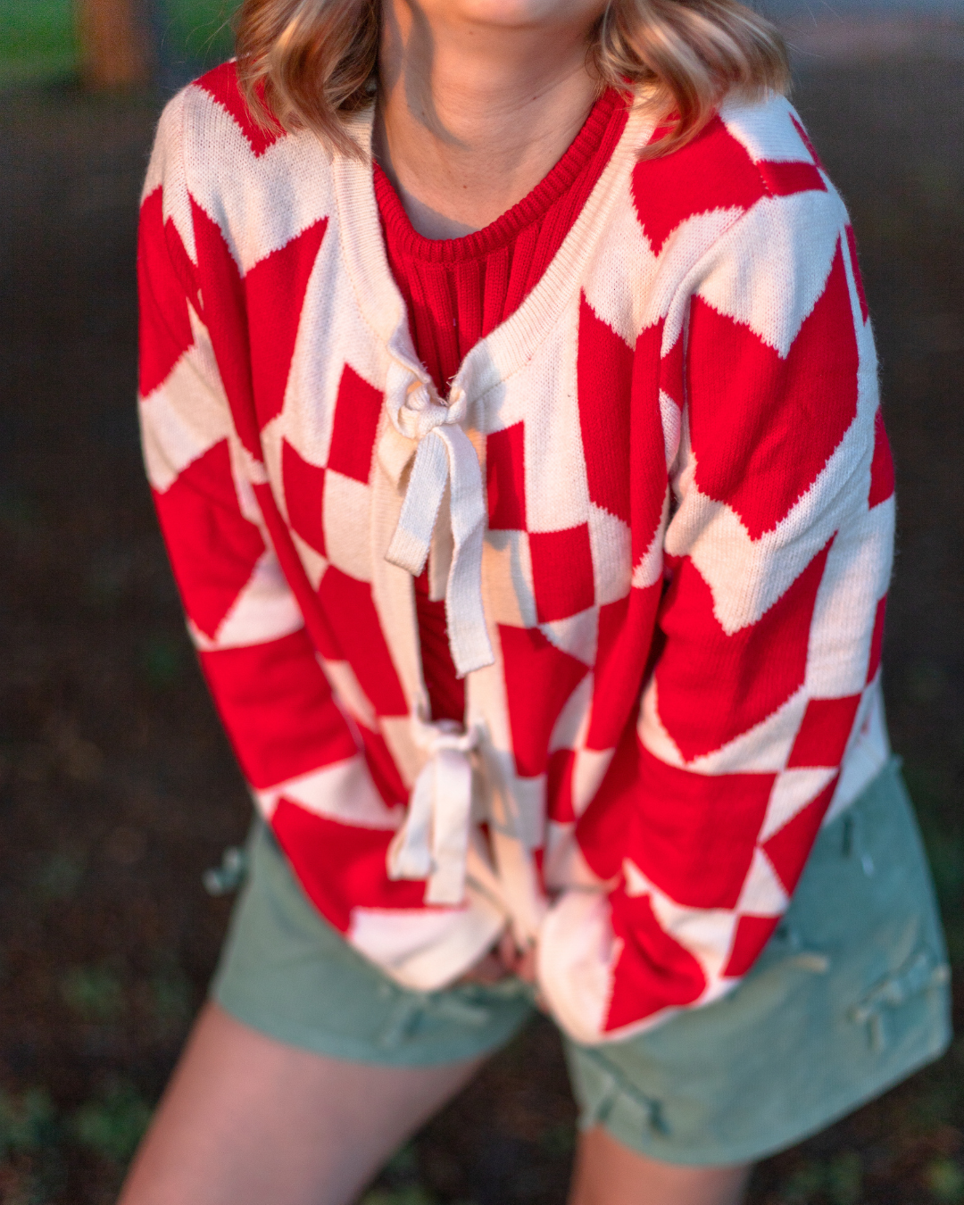 Printed Bow Cardigan in Red