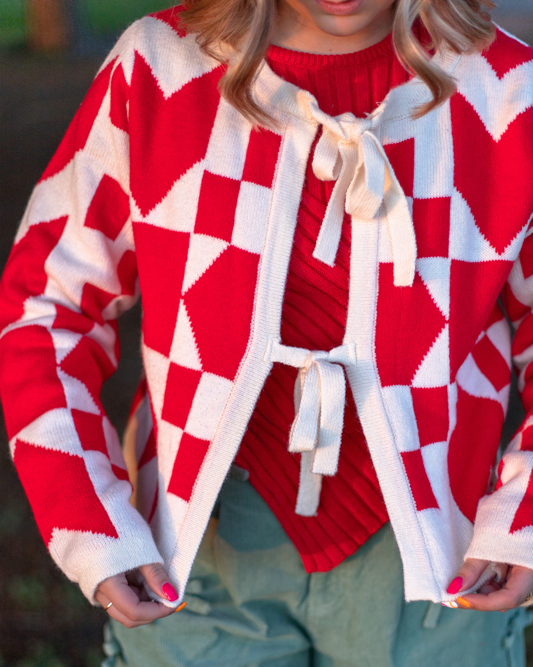 Printed Bow Cardigan in Red
