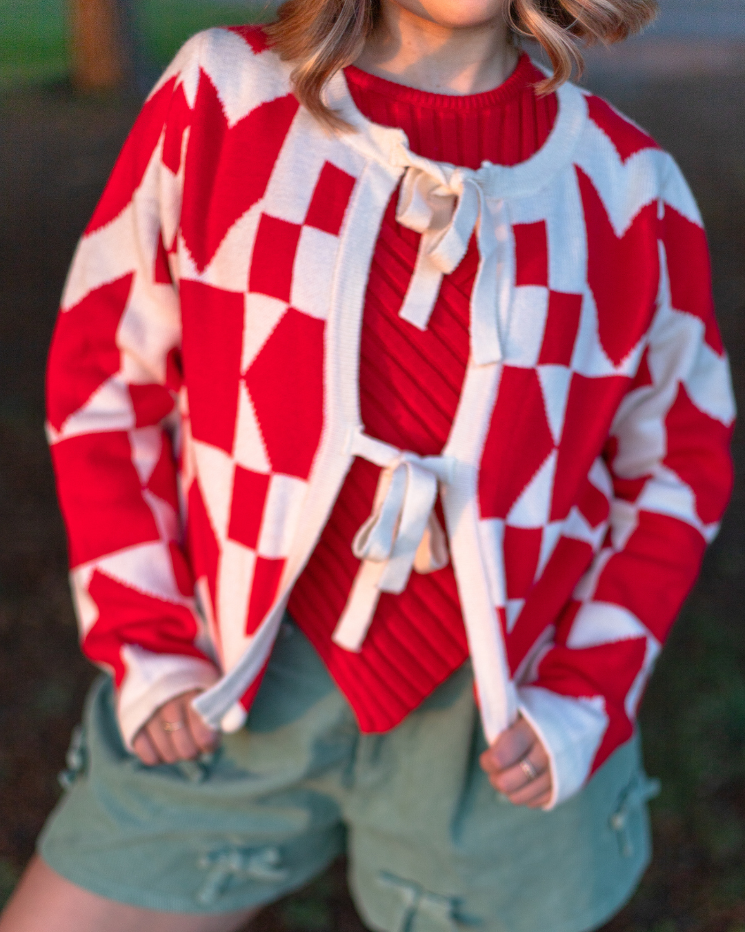 Printed Bow Cardigan in Red
