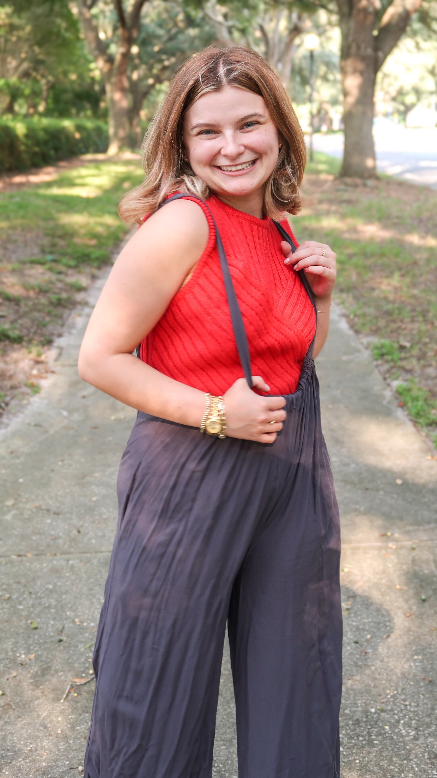 Woven Suspender Jumpsuit in Charcoal