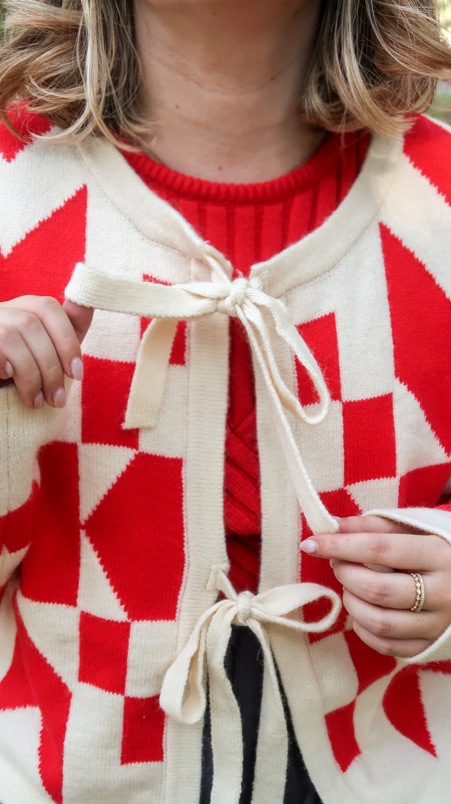 Printed Bow Cardigan in Red