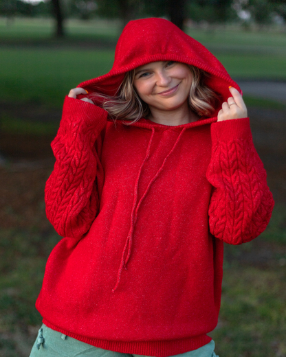 Knit Pullover Hoodie in Red