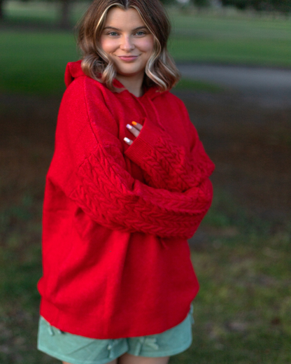 Knit Pullover Hoodie in Red