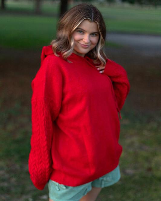 Knit Pullover Hoodie in Red