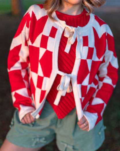 Printed Bow Cardigan in Red