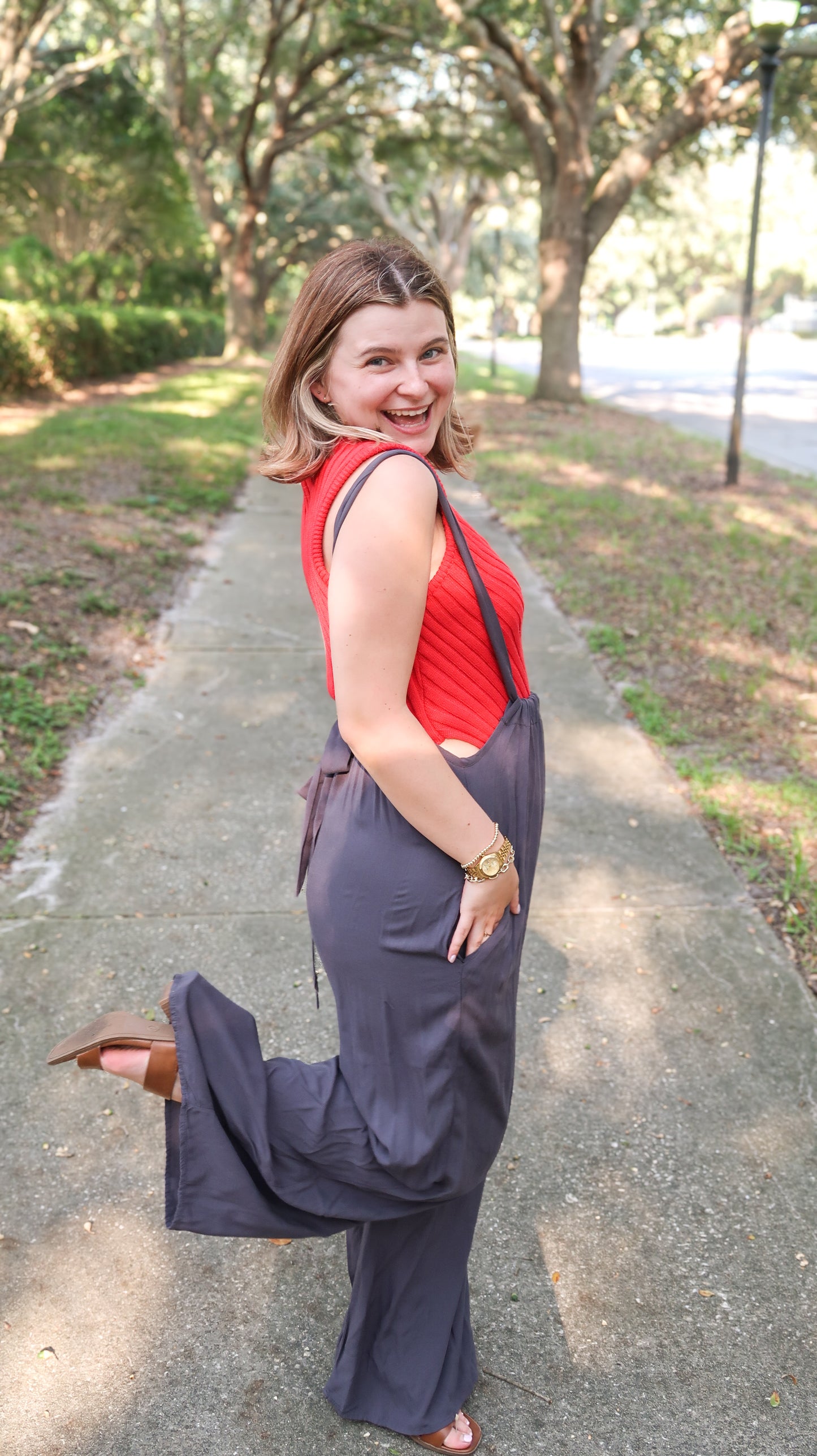 Woven Suspender Jumpsuit in Charcoal