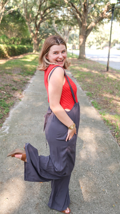 Woven Suspender Jumpsuit in Charcoal