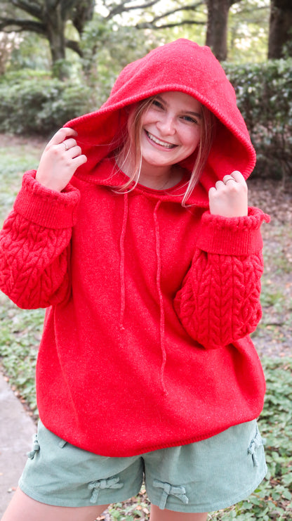 Knit Pullover Hoodie in Red